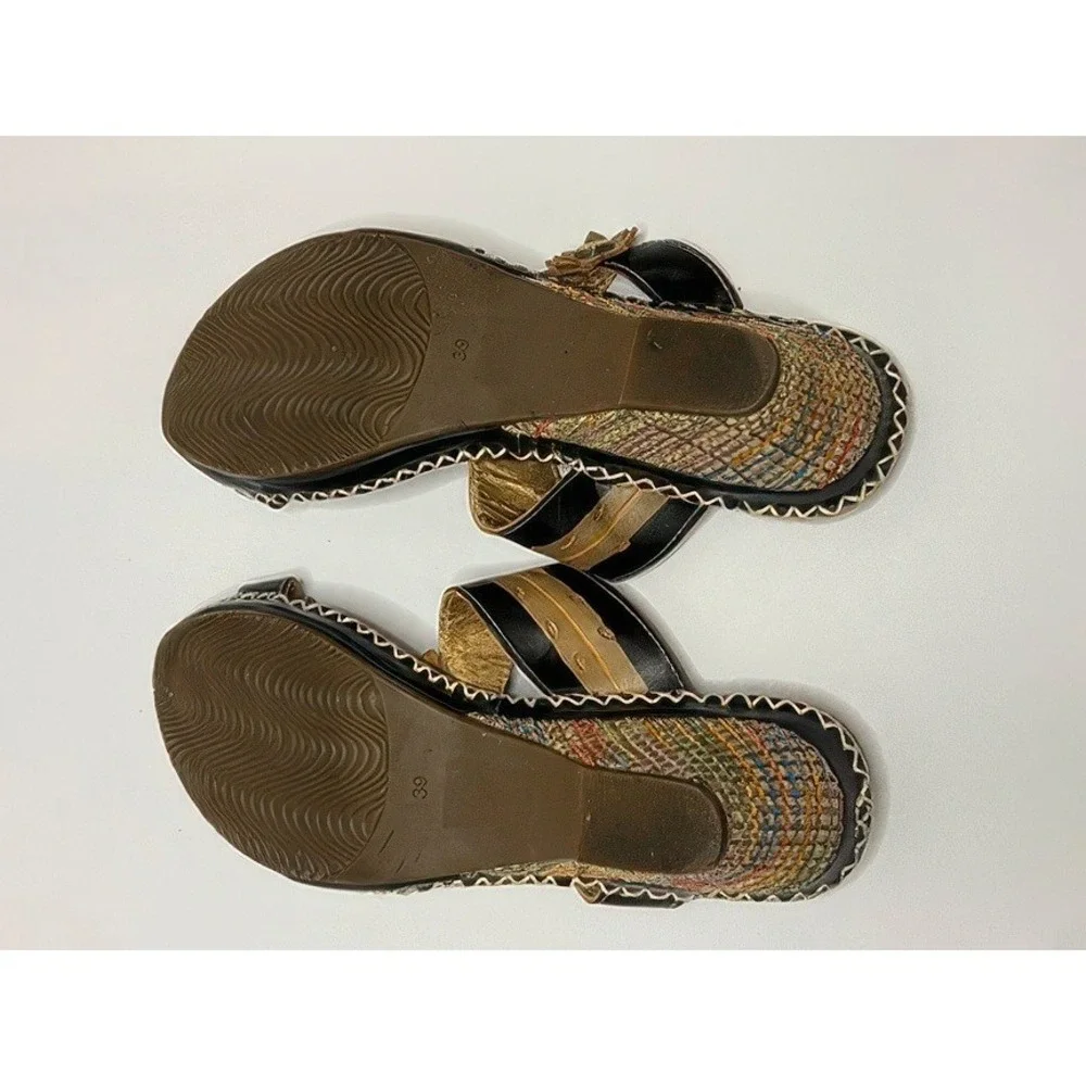 L'Artiste by Spring Step Leather Flower Sandals Women's 39 US 8.5 Black Red Boho
